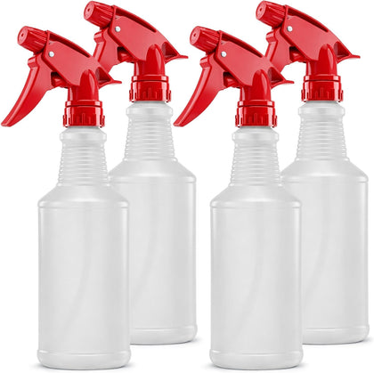 Spray Bottles, 16 Oz, 4 Pack, Chemical-Resistant HDPE, BPA-Free, Non-Toxic, Red Trigger Sprayers, Refillable Empty