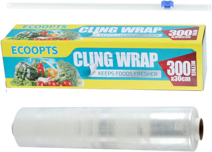 Plastic Food Wrap- 968 SQ. FT. Kitchen Cling Wrap Includes Slide Cutter BPA-Free Clear Cling Film 30cm×300Meters