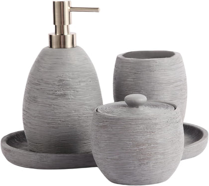 Modern Grey Bathroom Accessory Set,4 Pcs Luxury Bathroom Set | Resin Material,Includes Lotion Dispenser,Cotton Swab