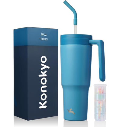 40 oz Tumbler with Handle and Straw, Insulated Water Bottle | Dark Blue; BPA-free, leak-resistant tumbler with fruit