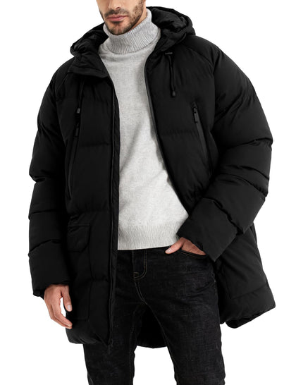 Mens Long Winter Coat Hooded Warm Quilted Puffer Jacket Waterproof Thicken Puffy Parka Jacket(Black-L)