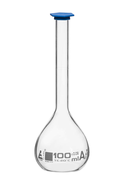 Volumetric Flask, 100ml - Class A, ASTM - Snap Cap - White Graduation Mark, Tolerance ±0.080ml - Borosilicate Glass