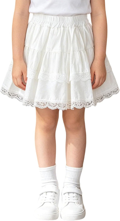 Kids Girls Lace Ruffled Skirt Toddler School A Line Layered Skort Classic Elastic High Waisted Athletic Skirts Casual