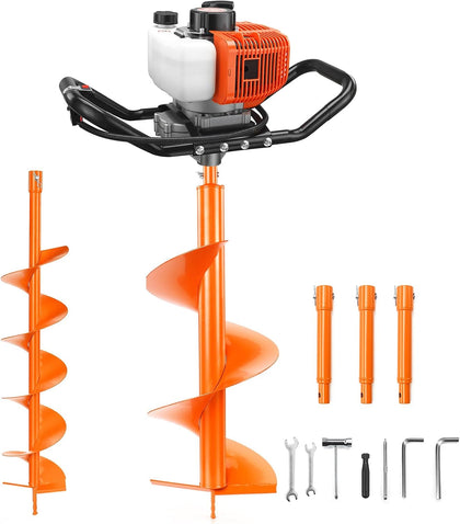63CC Post Hole Digger Gas Powered, 2-Stroke Earth Auger with 6" & 10" Auger Bits + 3 Extension Bars, Heavy Duty Ice