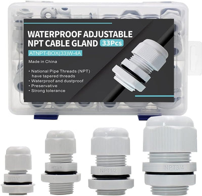 33PCS Cable Gland Waterproof Kit, IP68 Nylon PA66 Strain Relief Cord Grips, 1/4" 3/8" 1/2" 3/4" NPT Adjustable Locknut for 3-18mm Wire, Electrical Conduit Fitting for Outdoor, Industrial & Marine