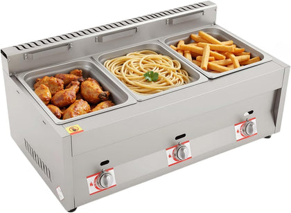 3-Pan Commercial Food Warmer,3 * 6L Propane/NG Gas Fryer Catering Food Warmer Countertop Stainless Steel Steam Table