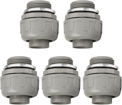 Conduit Connectors, 1 Inch, Straight, Grey, 5-Pack | Liquid Tight Connector, NPT, Non-Metallic
