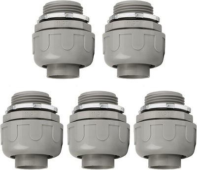 Conduit Connectors, 1 Inch, Straight, Grey, 5-Pack | Liquid Tight Connector, NPT, Non-Metallic