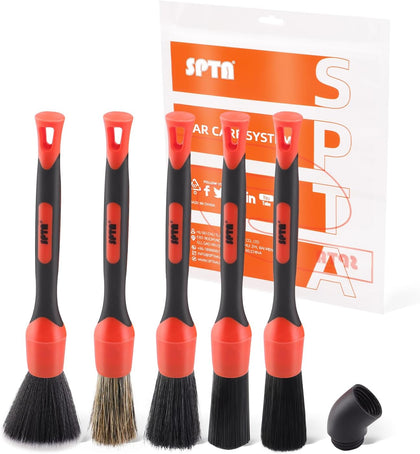 Car Detailing Brush Set, 5 Pack Soft Boar Hair Auto Detail Brush Kit with Elbow for Automotive Elegant Surface