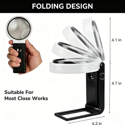 Handheld Magnifying Glass with LED Light with Stand, 10X and 25X Combined Magnification, Large Lens,Powered by