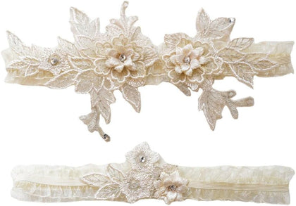 Wedding Garter Set for Bride Lace Flower Appliques Bridal Leg Garter Toss Tulle Set 2 Pieces