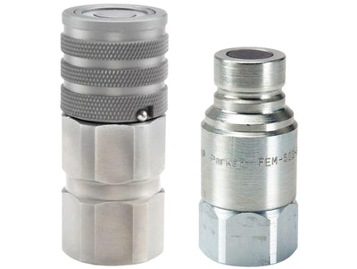 Parker FEM-502-8FO & FEM-501-8FO Flat-Face Hydraulic Quick-Connect Coupler Set – ISO 16028, 1/2″ Body, 1/2″ Female O-Ring (ORB) Thread – Steel Construction for Skid-Steers & Implements