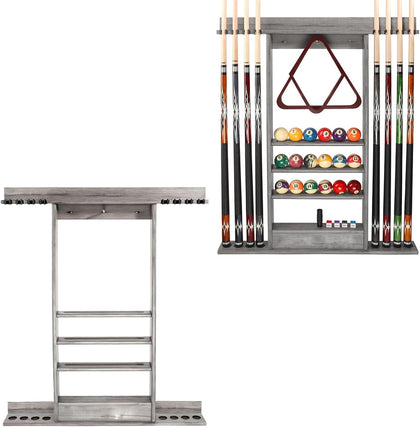 Pool Stick Holder Wall Mounted Pool Cue RackSolid Wood Billiard Stick Holder with Accessory Shelf, Heavy Duty Game