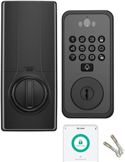 Smart Door Lock with Face & Palm Vein Recognition, Ultra-Wide Peephole Video Doorbell, Keep-Alive WiFi, Tuya App