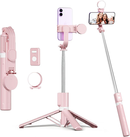 Selfie Stick with Rechargable Remote & Light (1PC), Tripod for iPhone, Cell Phone Stand for Video Recording, Portable