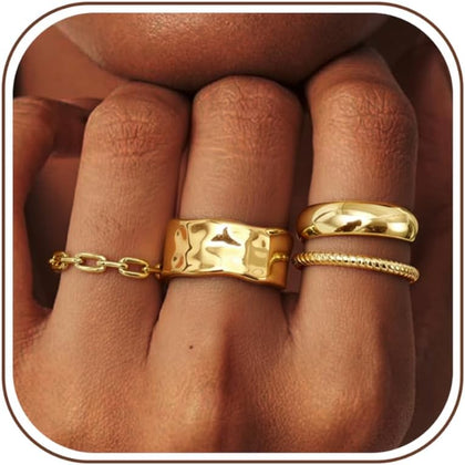 Chunky Gold Rings for Women Non Tarnish - 4Pcs 14K Gold Plated Dainty Stackable Ring Set Trendy Hypoallergenic Thick
