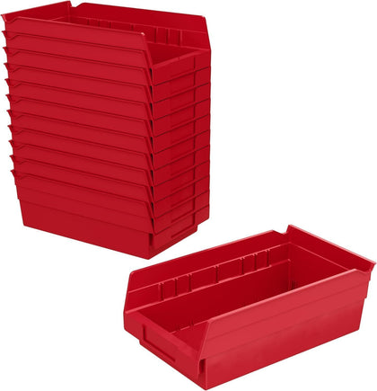 Heavy Duty Plastic Shelf Bins, 12"x 6.5"x 4", Red, 12-Pk