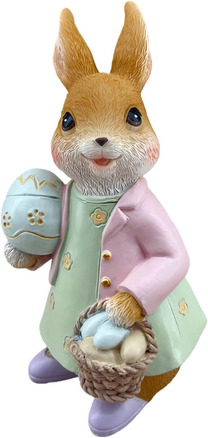 Easter Bunny Statue Egg Basket Rabbit Figurine Tabletop Spring Home Decor | Fine textured fur carving Hand-painted
