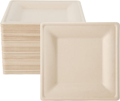 100 Piecs Compostable Square Paper Plates, 10 inch, Nature