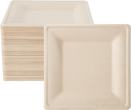 100 Piecs Compostable Square Paper Plates, 10 inch, Nature