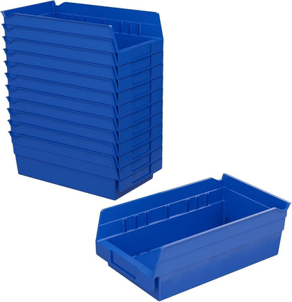 Heavy Duty Plastic Shelf Bins, 12"x 6.5"x 4", Blue, 12-Pk