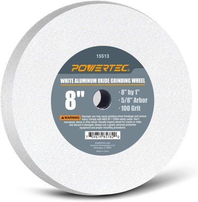 POWERTEC Bench Grinder Wheel 8 Inch 100 Grit, White Aluminum Oxide Grinding Wheel for Bench Pedestal Grinder, 1" Thick 5/8" Arbor, Sharpening & Shaping Drill Bits, Blade, and Chisel 1PK (15513)