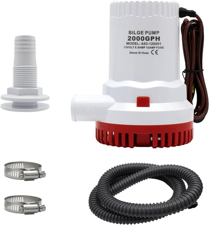 12V 2000 GPH Bilge Pump Kit with 1-1/8" Hose, Thru-Hull Fitting & Stainless Clamps, Submersible Boat Marine Water Pump Combo, 8.5A Heavy Duty, Ultra Quiet for Boats, Yachts, Ponds, Pools