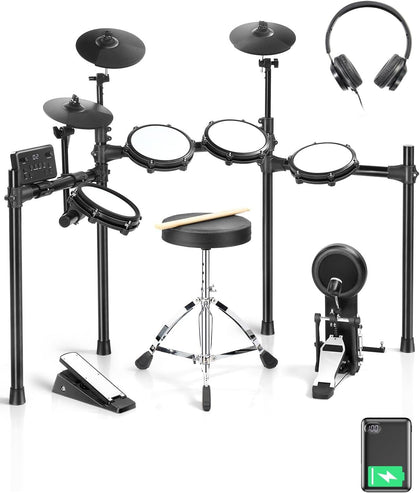 Electronic Drum Set with Smart Coaching & Dual Zone, Full Kit | Type-C Charging, USB MIDI, Intuitive Panel, Low-noise
