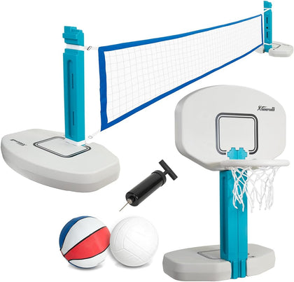 2-in-1 Pool Volleyball Net & Basketball Hoop Combo Splash Game Set for Swimming Pool Basketball & Volleyball, HDPE