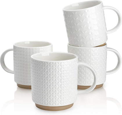 Stackable Coffee Mugs Set of 4, 10 oz Porcelain Coffee Cups with Embossed Design, White Cappuccino Cups for Coffee