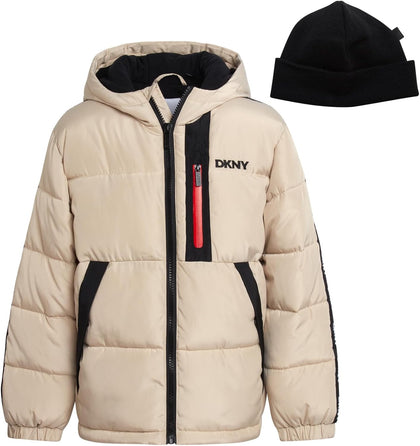 DKNY Boys Winter Jacket,Heavyweight Fleece Lined Puffer,Quilted Coat, Hat | Soft Polar Fleece Lined Warmth, Water