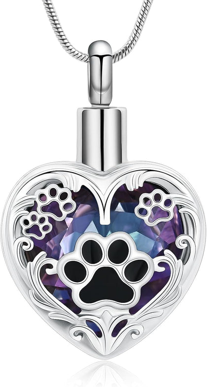 Heart Urn Necklace For Ashes Birthstone Pet Memorial Jewelry Dog Paw Print Cremation Pendant Stainless Steel Keepsake