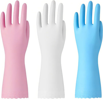 Rubber Cleaning Gloves - 3 Pairs Latex Free Kitchen Cleaning Gloves with Cotton Liner- Household Dishwashing Gloves