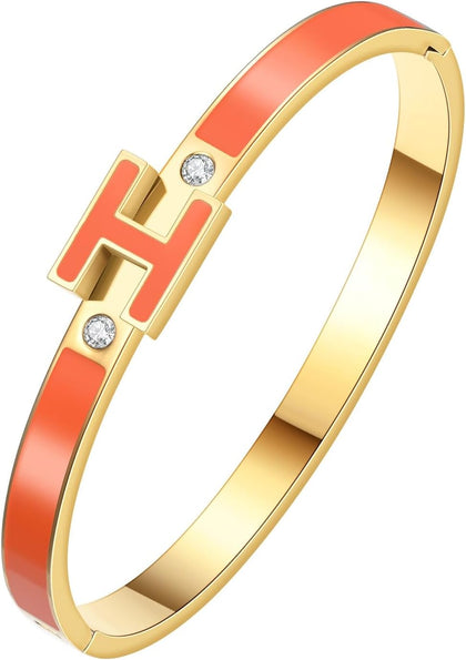 H Bangle Bracelet for Women - 18K Gold Plated Stainless Steel Enamel Bracelet - Fashion H Letter Jewelry - Elegant
