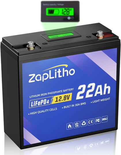 Upgraded 12V 22Ah Lithium Battery LiFePO4, LCD Voltage Diaplay & 30A BMS, Deep Cycle Grade A Cells, Lightweight