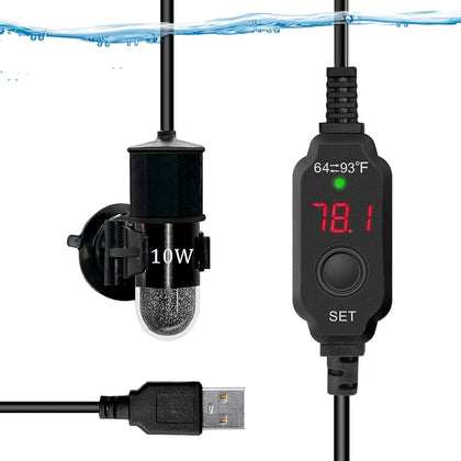 USB 10W Mini Submersible Aquarium Heater Adjustable Fish Tank Heater | Used for 0.5-1 Gallons, Built-in Thermometer