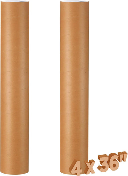 2 Pack 4” x 36” Cardboard Mailing Tubes with Caps, 0.12" Thick