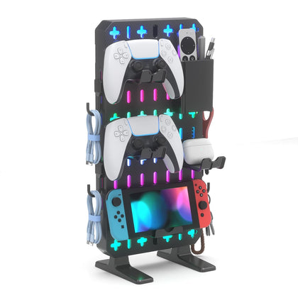 6 in 1 RGB Gaming Desk Accessories - No Drill Desk Organizer with Phone Stand/Storage Box/Headset & Controller
