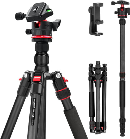 Basics Carbon Fiber Travel Tripod Monopod, 64" Compact Lightweight Portable Camera Cell Phone Holder Stand Compatible