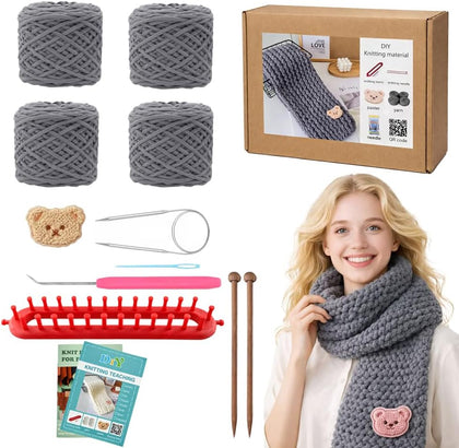 Knitting Loom Kit for Scarf, Easy Knitting Set Including Knitting Needles Set Plush Yarn, Learn to Knit kit with