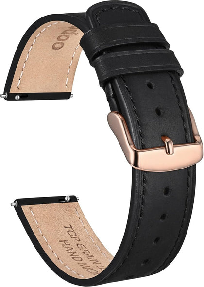 22mm Top Grain Leather Watch Band, Black Crazy Horse Leather Replacement Watch Strap with Rose Gold Buckle, Quick