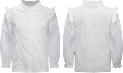 Girls' Long Sleeve Button Down Shirt Cotton Oxford Blouse Tops Kids School Uniform Ruffle Dress Shirts