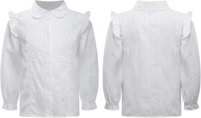 Girls' Long Sleeve Button Down Shirt Cotton Oxford Blouse Tops Kids School Uniform Ruffle Dress Shirts