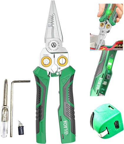 Wire Stripper Tool with Voltage Tester, 8-in-1 Electrician Pliers with Wire Cutter, Cable Splitter, Wire Puller and