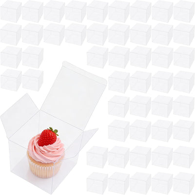 50 Pack Clear Favor Boxes, 4 x 4 x 4 Inch Square Treat Boxes, Transparent Plastic Empty Gift Boxes Candy Boxes