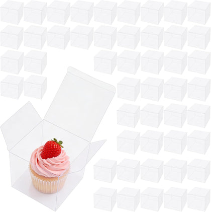 50 Pack Clear Favor Boxes, 4 x 4 x 4 Inch Square Treat Boxes, Transparent Plastic Empty Gift Boxes Candy Boxes