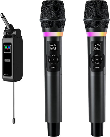 Wireless Microphones, Dual 2.4GHz Handheld Karaoke Mic System | Rechargeable Receiver with Volume, Echo, Treble, Bass