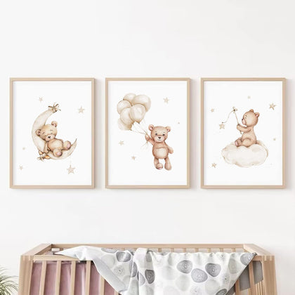 Bear Nursery Wall Art Decor Set of 3 Teddy Bear Canvas Wall Art Baby Boy Nursery Decor Prints Neutral Pictures Moon