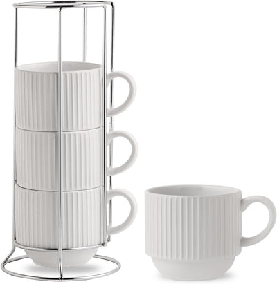 Stackable Coffee Mugs Set of 4 with Stand, Ceramic 15oz Coffee Cups, White