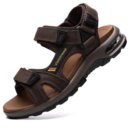 Mens Open Toe Leather Sandals Outdoor Hiking Non Slip Sandals Air Cushion Soprt Casual Beach Sandals